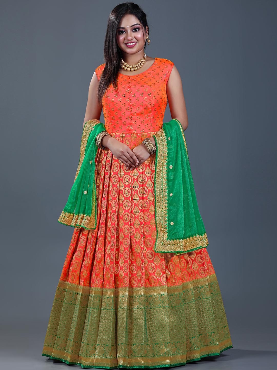 

ODETTE Ethnic Motifs Woven Design Sleeveless Banarasi Silk Ethnic Dress With Dupatta, Orange