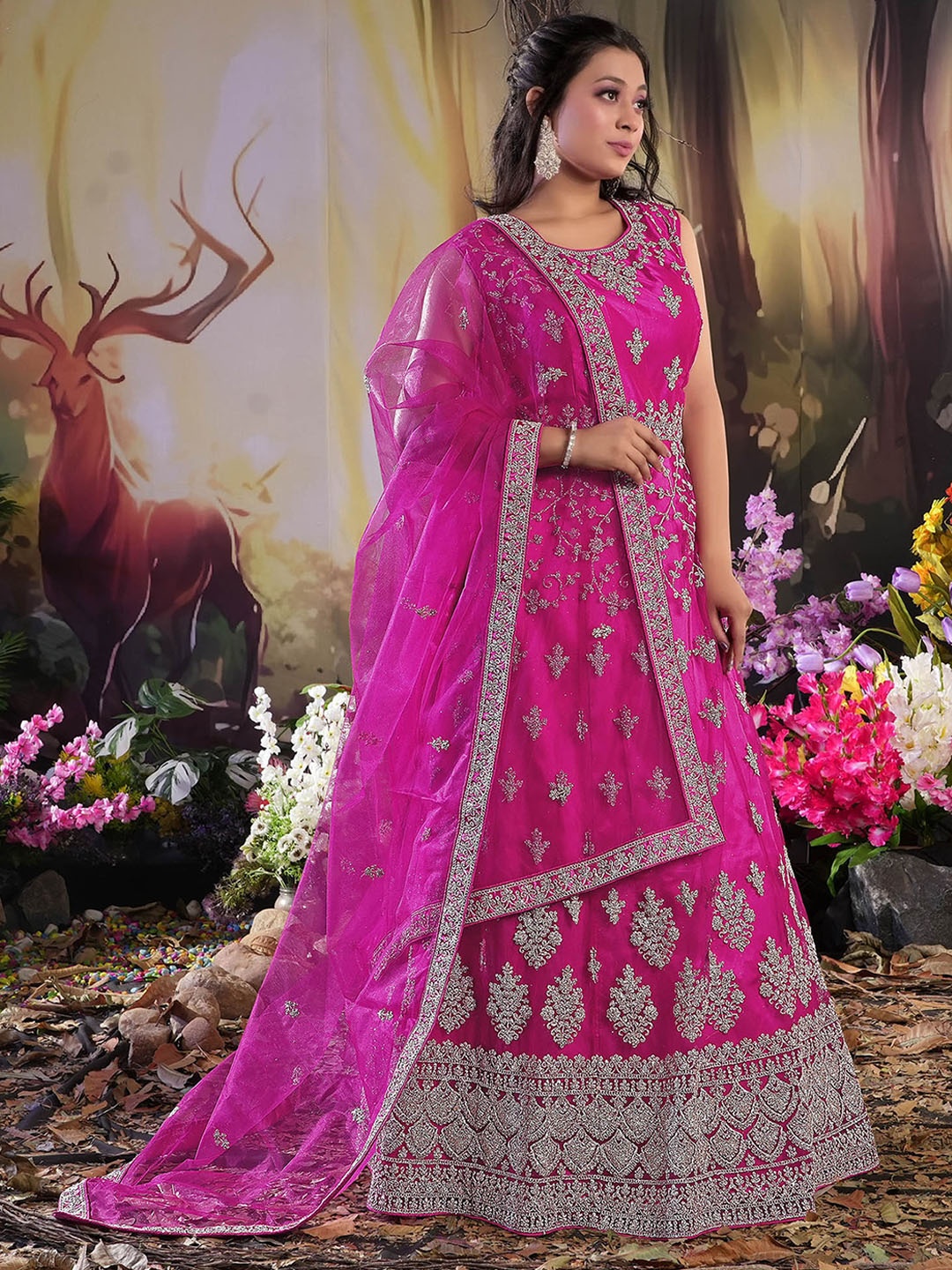 

ODETTE Ethnic Motifs Embroidered Net Fit & Flare Ethnic Dress With Dupatta, Magenta
