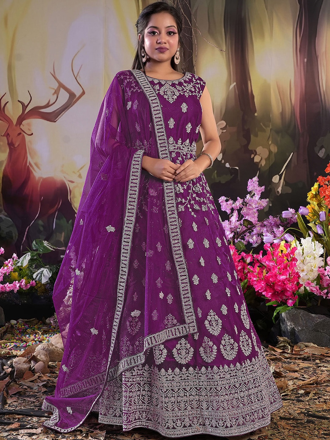 

ODETTE Ethnic Motifs Embroidered Net Fit & Flare Maxi Ethnic Dress with Dupatta, Burgundy