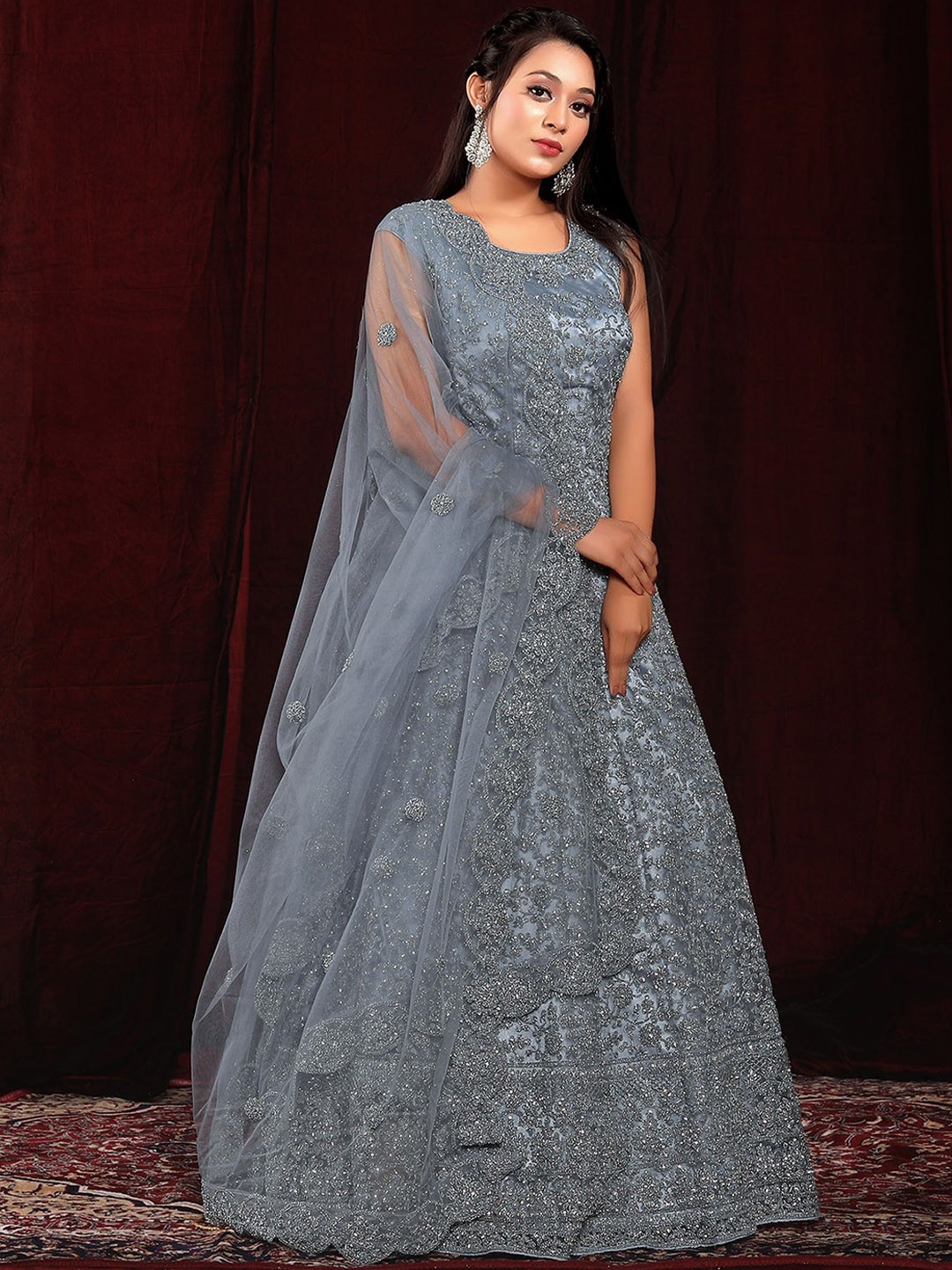 

ODETTE Floral Embroidered Net Fit & Flare Maxi Ethnic Dress with Dupatta, Grey