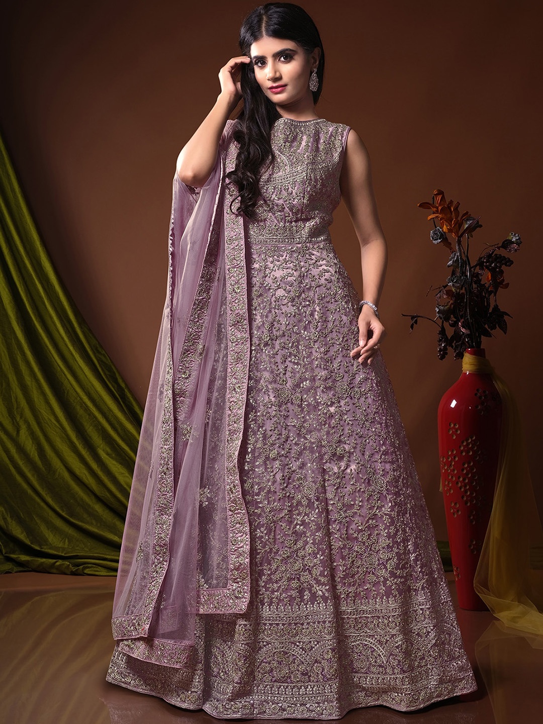 

ODETTE Floral Embroidered Net Fit & Flare Maxi Ethnic Dress with Dupatta, Purple