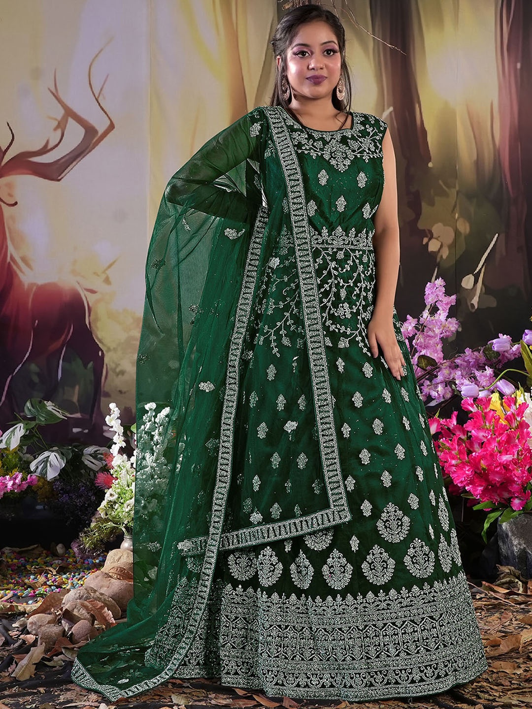 

ODETTE Ethnic Motif Embroidered Fit & Flare Net Ethnic Dress With Dupatta, Green