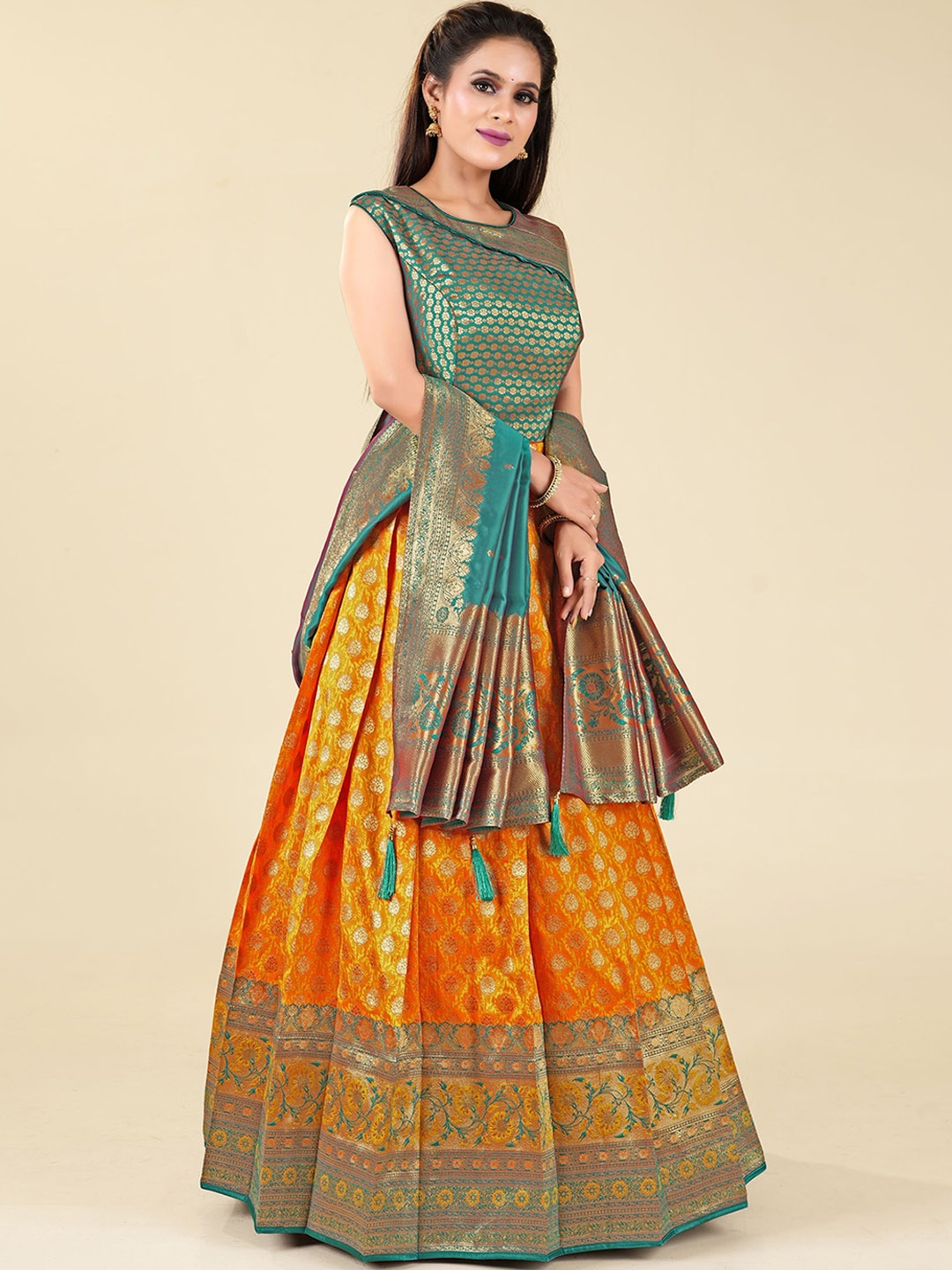 

ODETTE Ethnic Motif Woven Design Silk Maxi Banarasi Fit & Flare Ethnic Dress With Dupatta, Gold