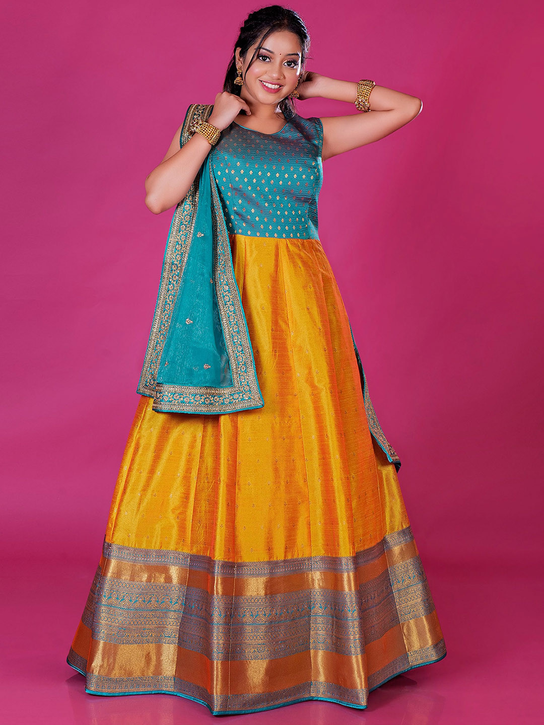

ODETTE Ethnic Motif Woven Design Silk Maxi Banarasi Fit & Flare Ethnic Dress With Dupatta, Gold