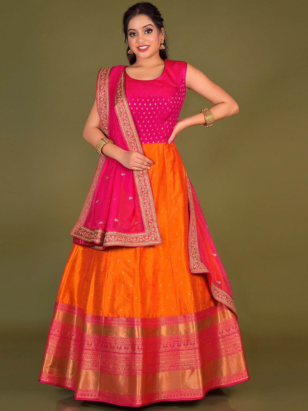 

ODETTE Ethnic Motifs Woven Design Silk Fit & Flare Ethnic Dress With Dupatta, Orange