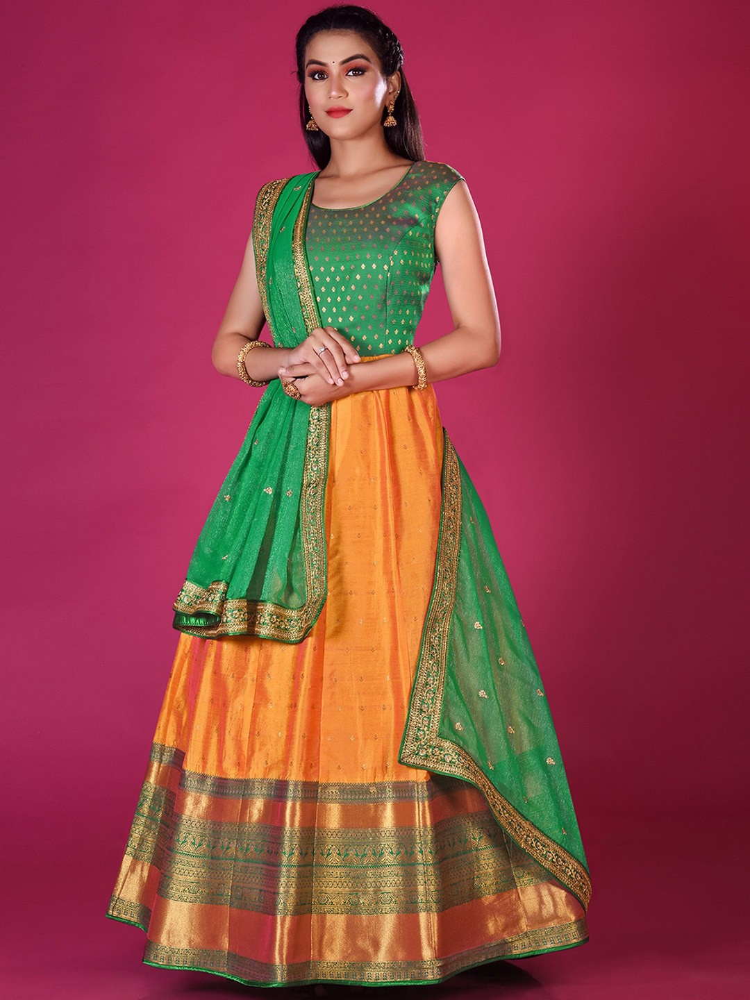 

ODETTE Floral Self Design Silk Ethnic Dresses With Dupatta, Green