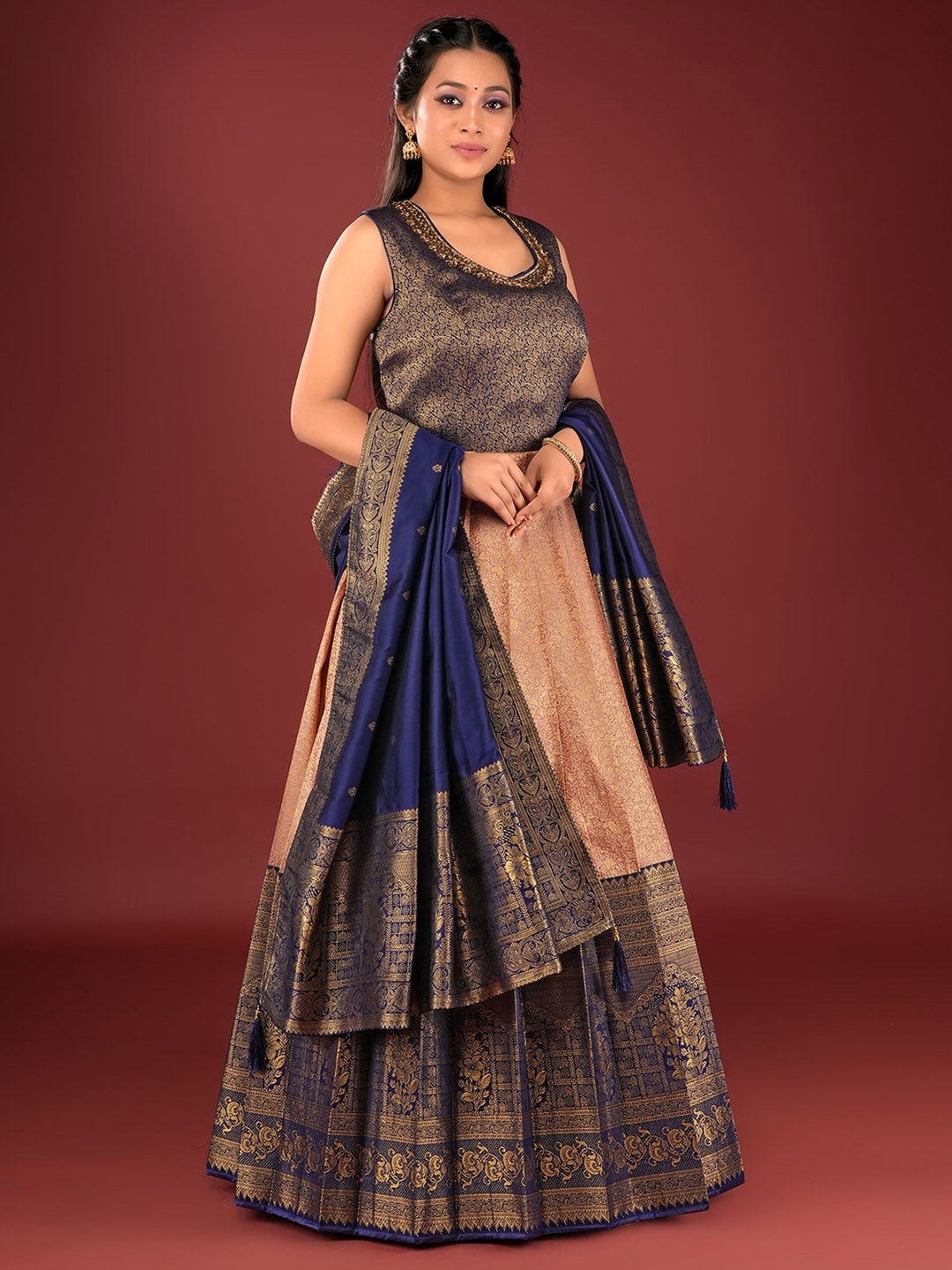 

ODETTE Floral Self Design Silk Ethnic Dresses With Dupatta, Peach