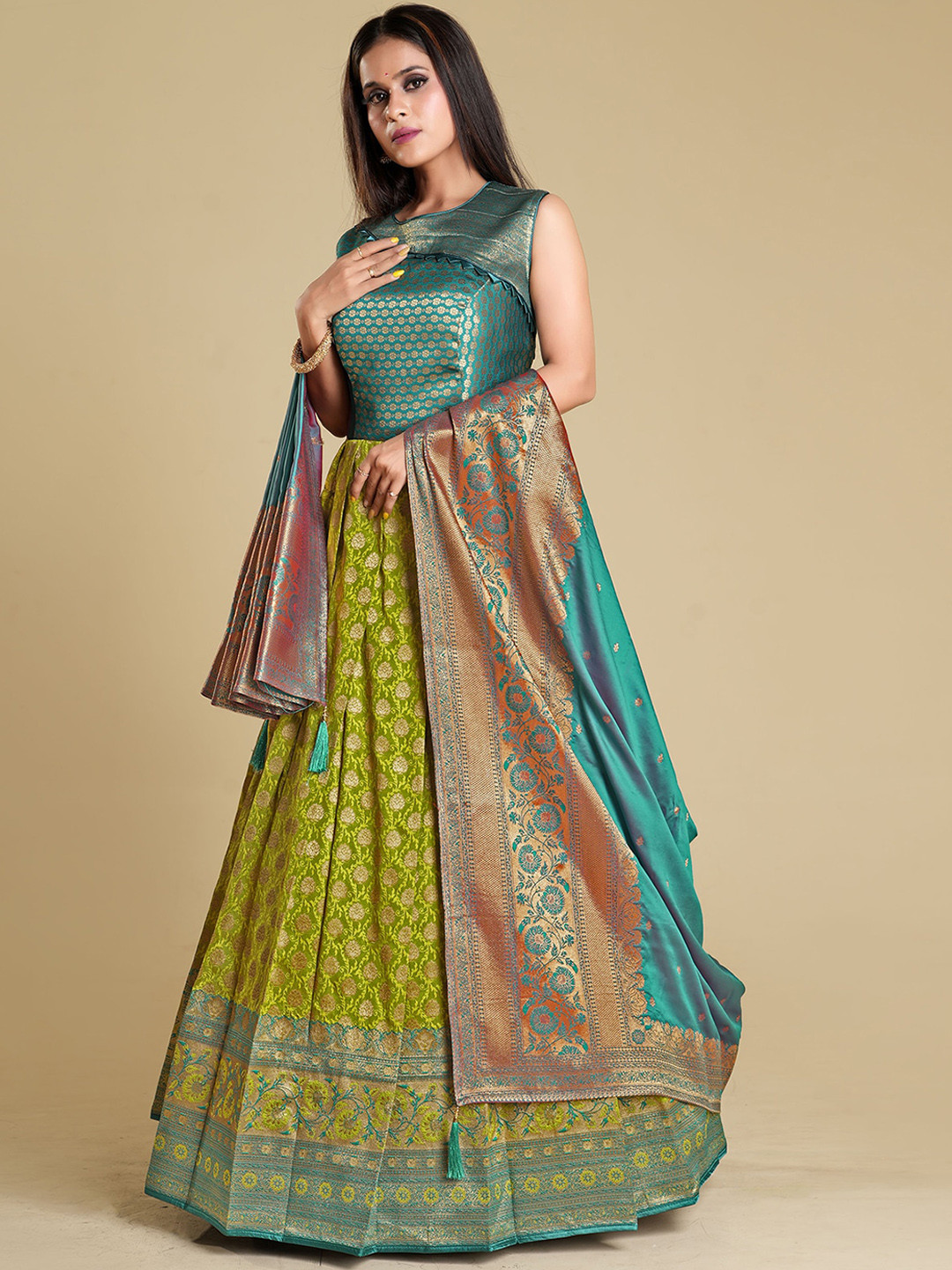 

ODETTE Floral Self Design Silk Gown Ethnic Dresses With Dupatta, Green
