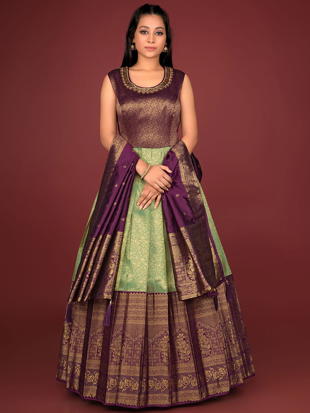 

ODETTE Floral Self Design Silk Gown Ethnic Dresses With Dupatta, Green