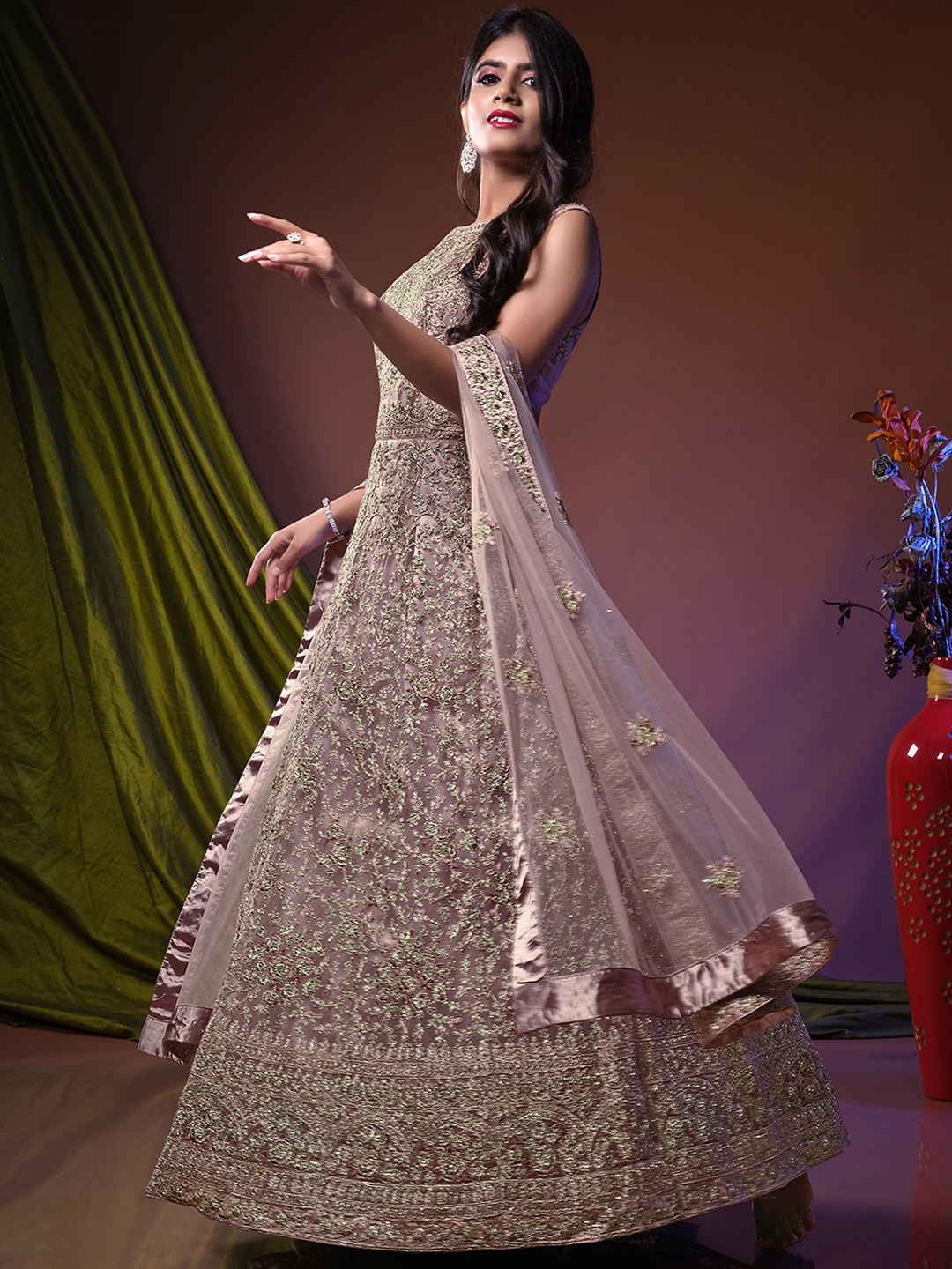 

ODETTE Ethnic Motifs Embroidered Fit & Flare Ethnic Dress With Dupatta, Pink