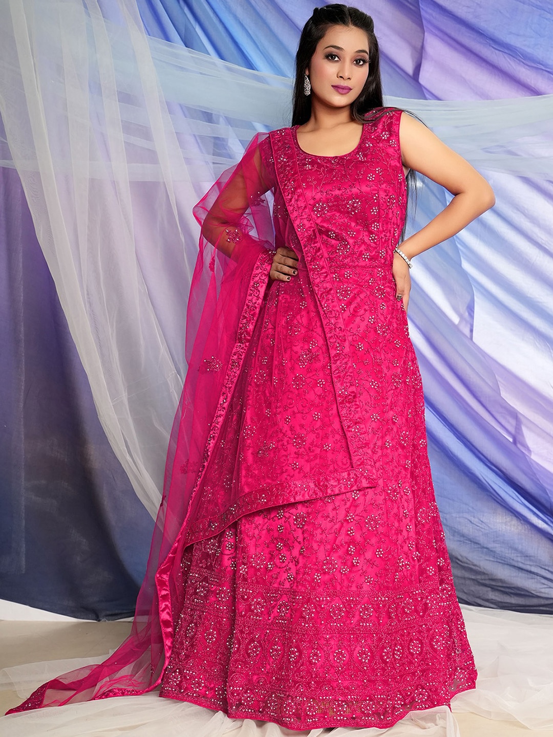 

ODETTE Floral Embroidered Sequined Net Gown Ethnic Dresses With Dupatta, Magenta