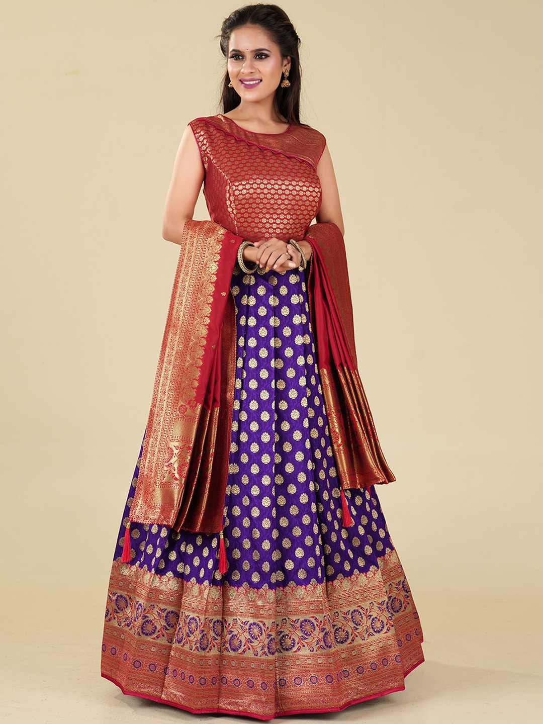 

ODETTE Ethnic Motif Woven Design Silk Maxi Banarasi Fit & Flare Ethnic Dress With Dupatta, Purple