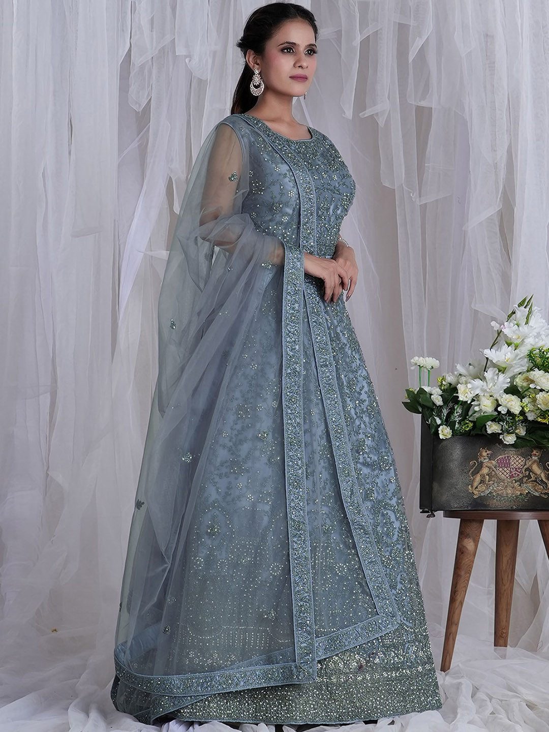 

ODETTE Floral Embroidered Round Neck Embellished Net Ethnic Dress With Dupatta, Grey