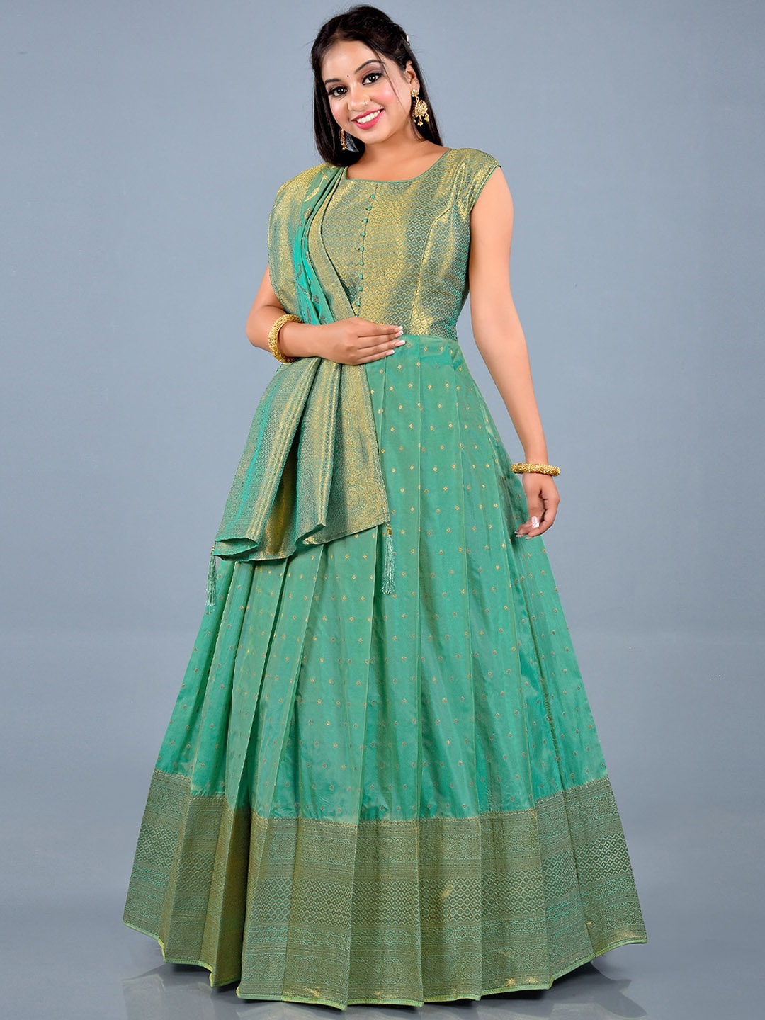 

ODETTE Floral Woven Designed Round Neck Silk Ethnic Dress With Dupatta, Green