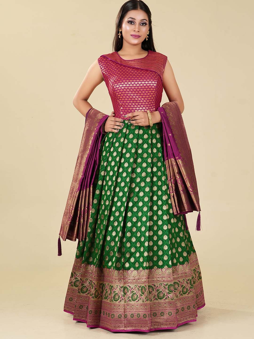 

ODETTE Ethnic Motifs Woven Designed Pleated Kurta With Dupatta, Teal