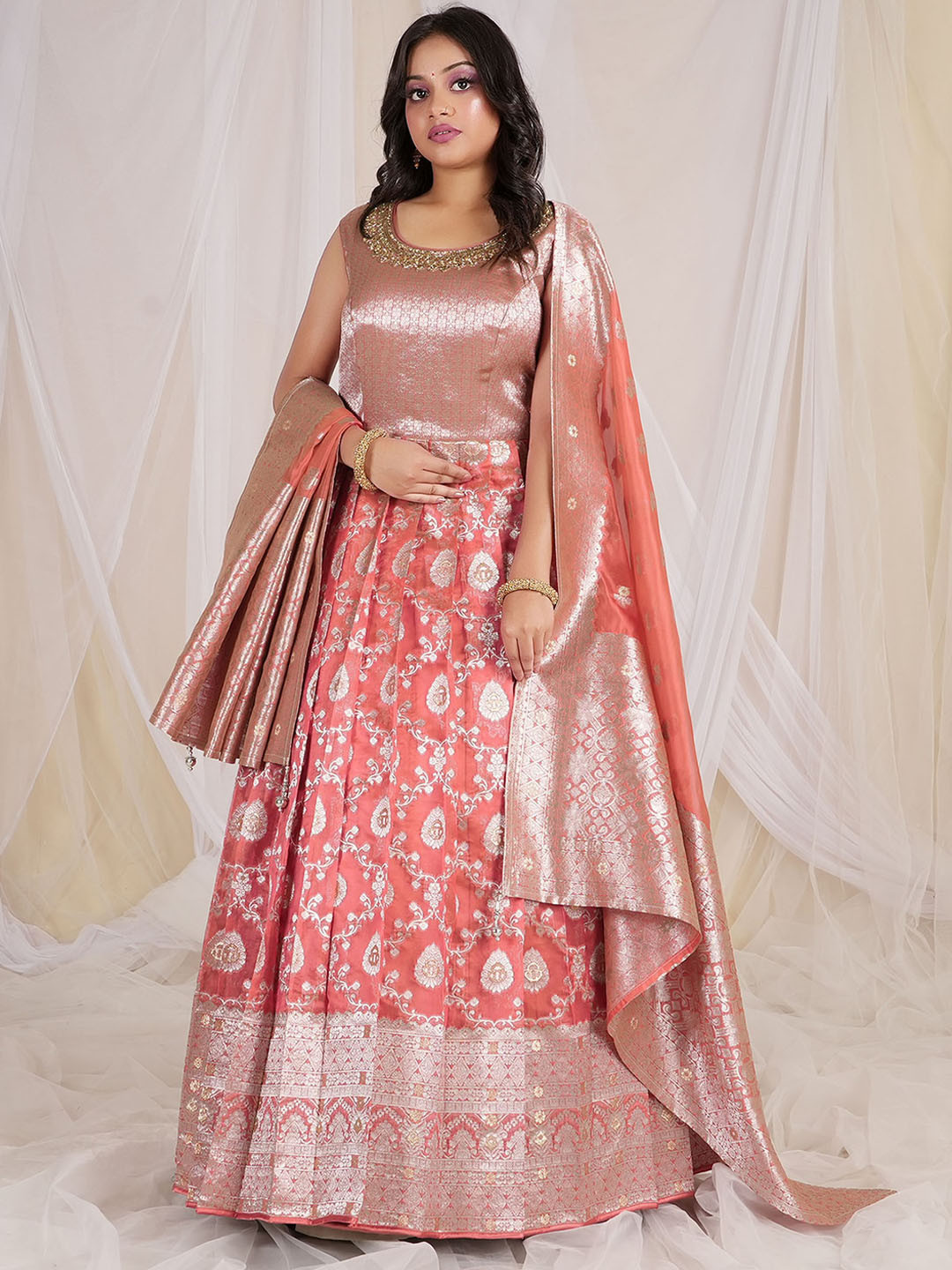

ODETTE Ethnic Motifs Woven Design Embroidered Fit & Flare Ethnic Dress, Pink