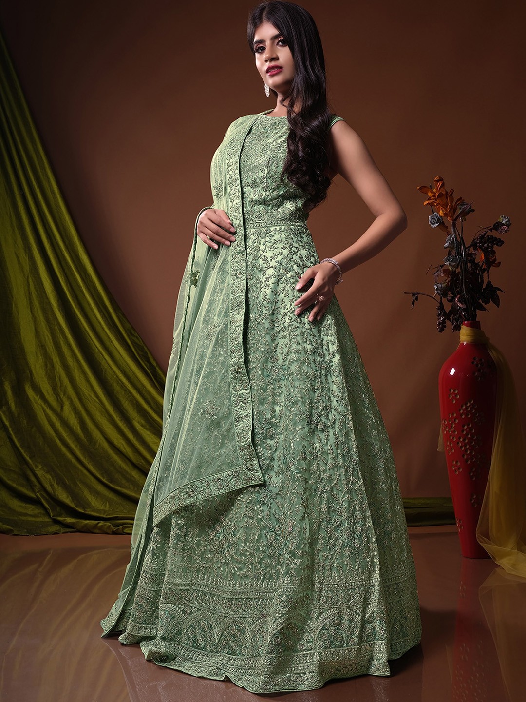 

ODETTE Embellished Round Neck Sleeveless Net Maxi Ethnic Dress With Dupatta, Green