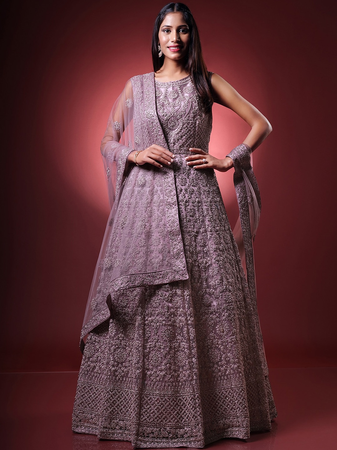 

ODETTE Ethnic Motifs Embellished Embroidered Detailed Ethnic Dress With Dupatta, Pink