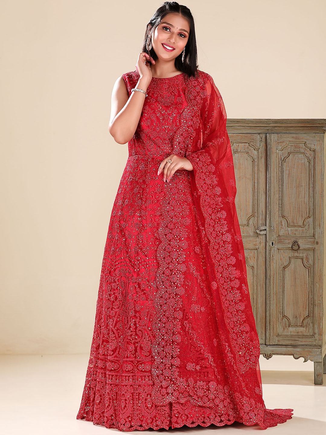 

ODETTE Ethnic Motifs Embellished Embroidered Detailed Ethnic Dress With Dupatta, Maroon