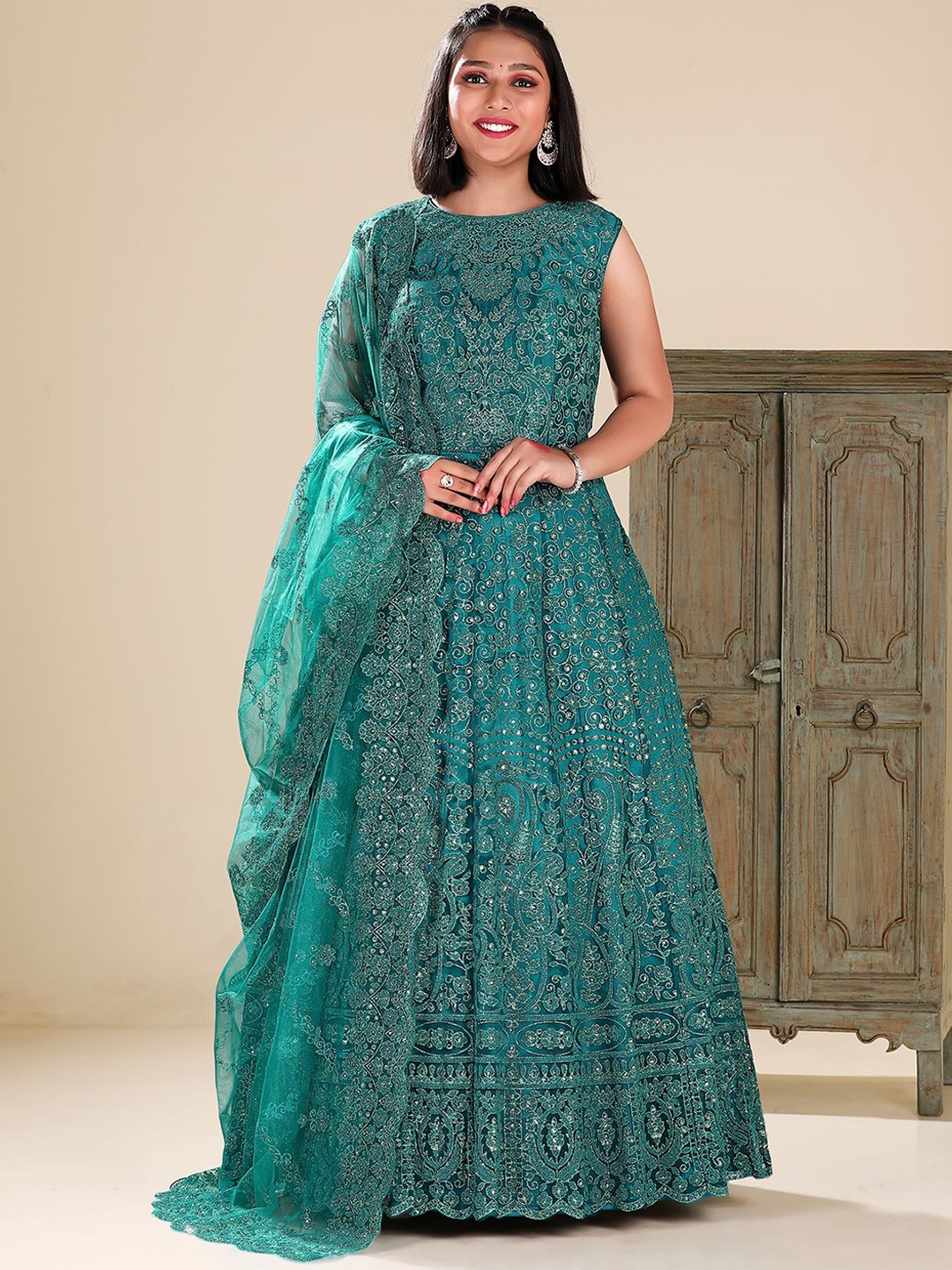 

ODETTE Embroidered Net Ethnic Dress With Dupatta, Teal