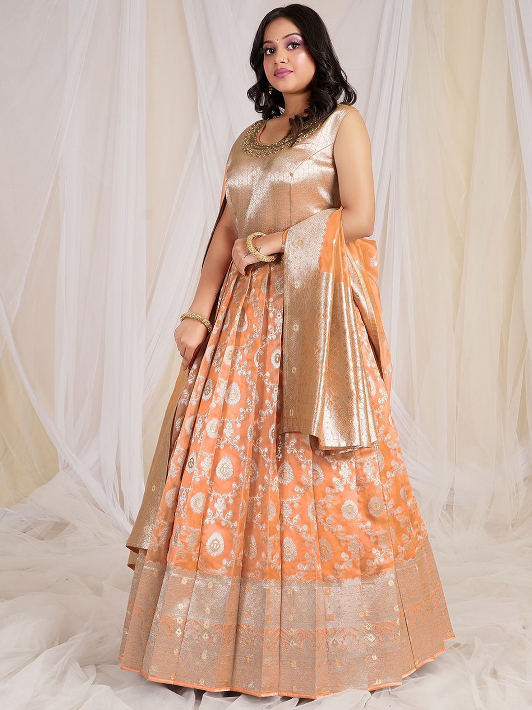 

ODETTE Woven Design Embroidered Banarasi Silk Fit & Flare Maxi Ethnic Dress with Dupatta, Peach