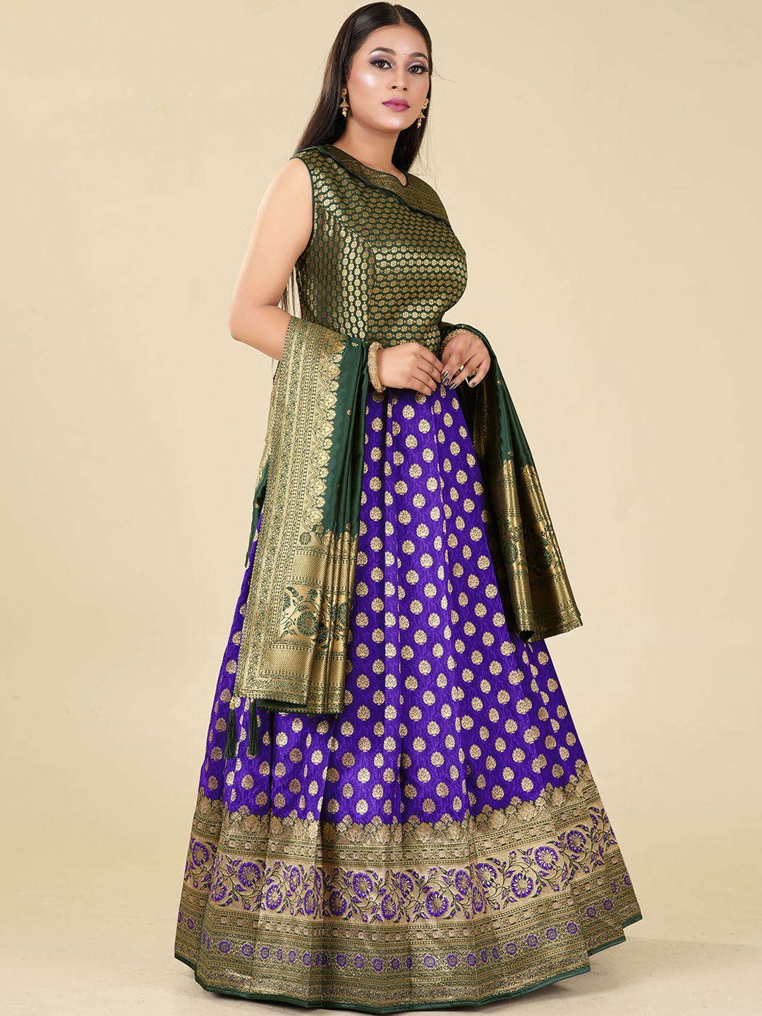 

ODETTE Ethnic Woven Design Banarasi Silk Fit & Flare Maxi Ethnic Dress with Dupatta, Blue