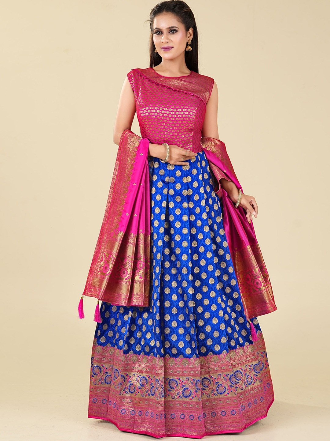 

ODETTE Ethnic Woven Design Banarasi Silk Fit & Flare Maxi Ethnic Dress with Dupatta, Blue