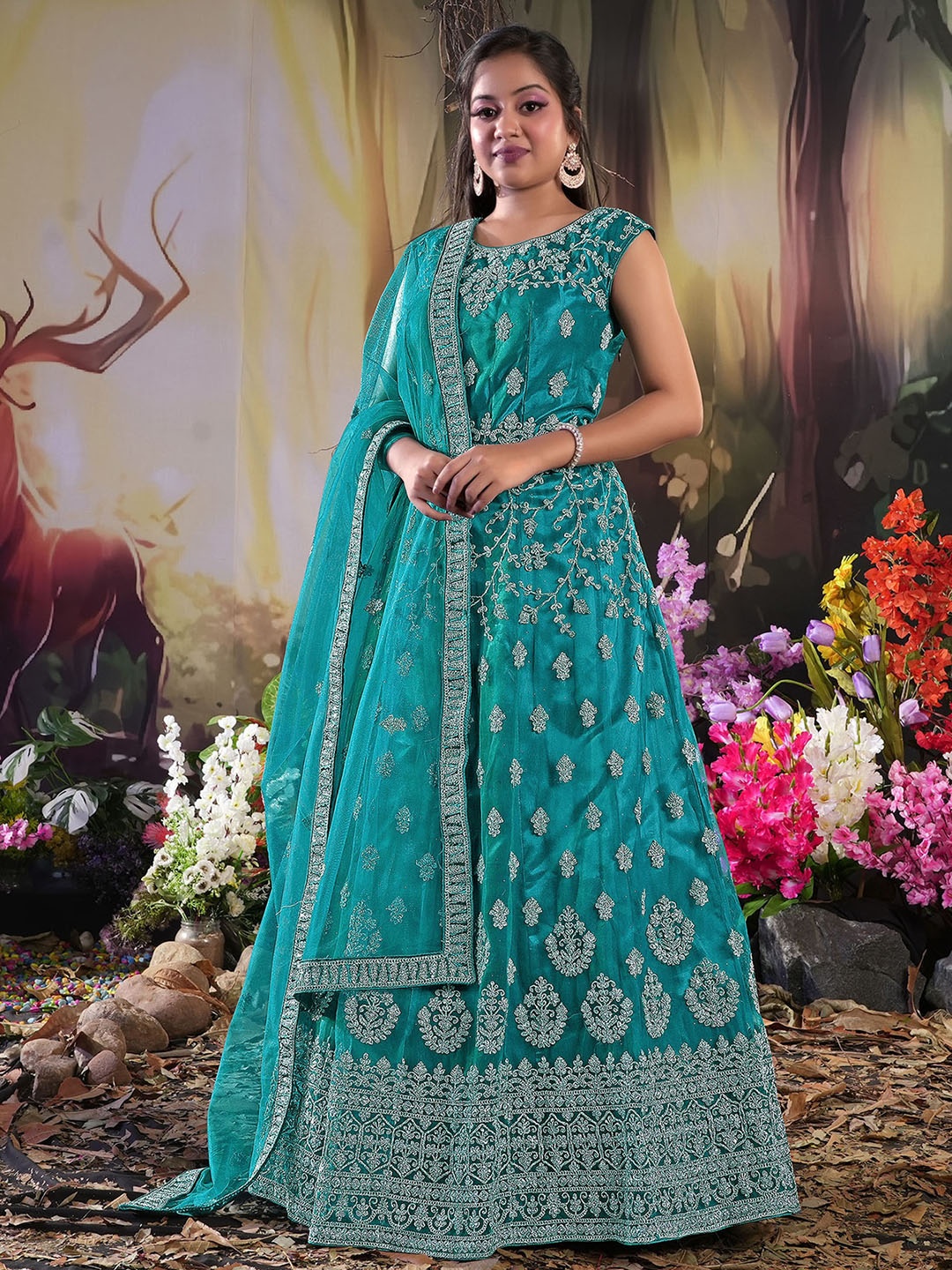 

ODETTE Ethnic Motifs Embroidered Ethnic Gown With Dupatta, Teal