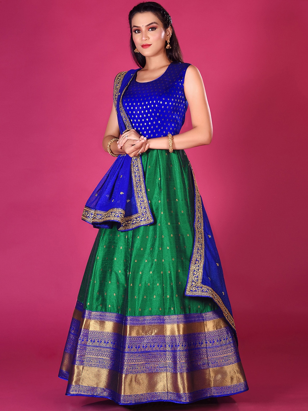 

ODETTE Ethnic Woven Design Pleated Silk Ethnic Gown With Dupatta, Green