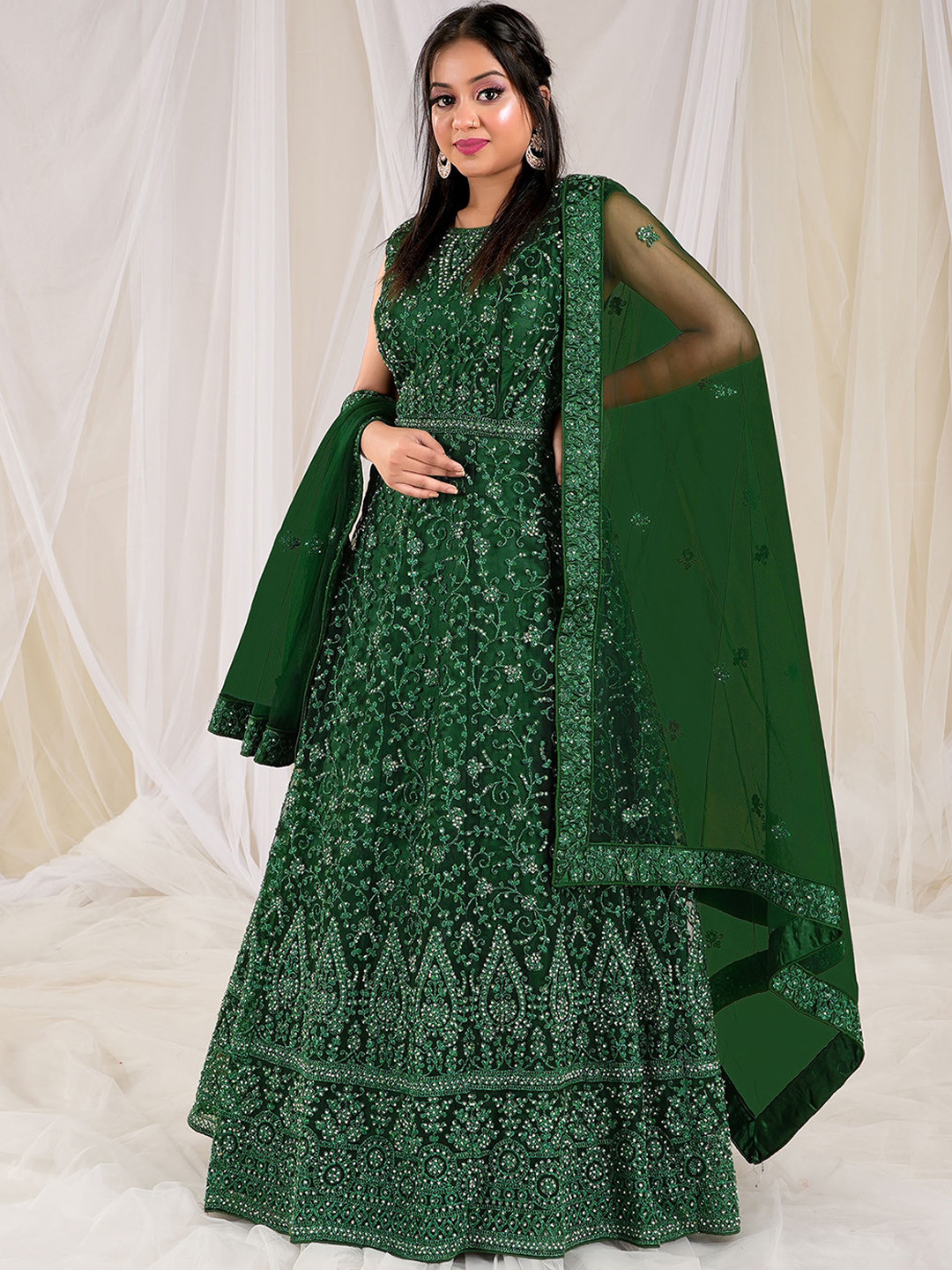 

ODETTE Ethnic Motifs Embroidered Ethnic Dress With Dupatta, Green