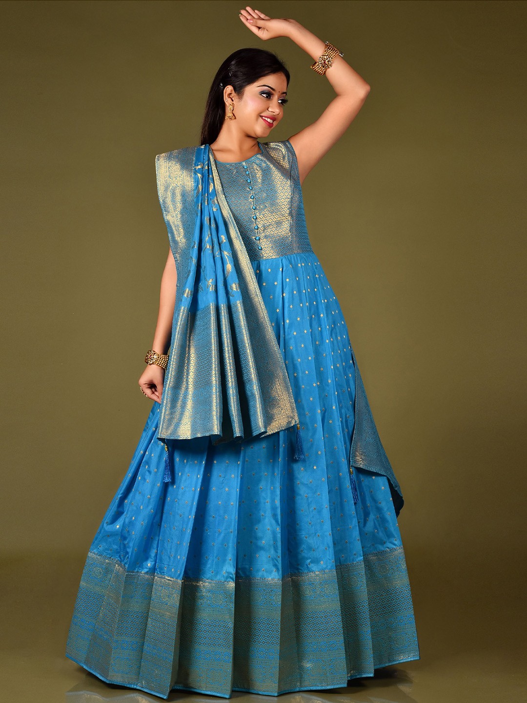 

ODETTE Ethnic Motifs Woven Design Gathered Silk Fit & Flare Ethnic Dress With Dupatta, Blue
