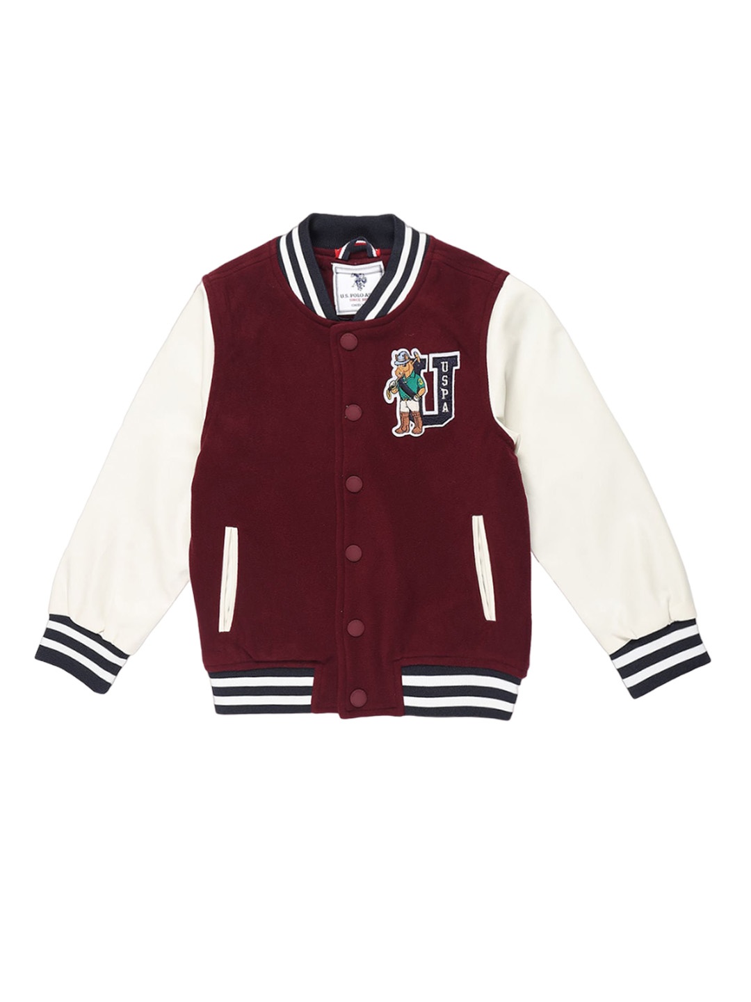 

U.S. Polo Assn. Kids Boys Colourblocked Mandarin Collar Varsity Jacket, Maroon