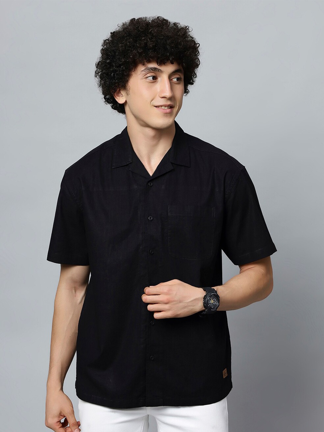 

The Roadster Lifestyle Co. Black Relaxed Cuban Collar Pure Cotton Shirt