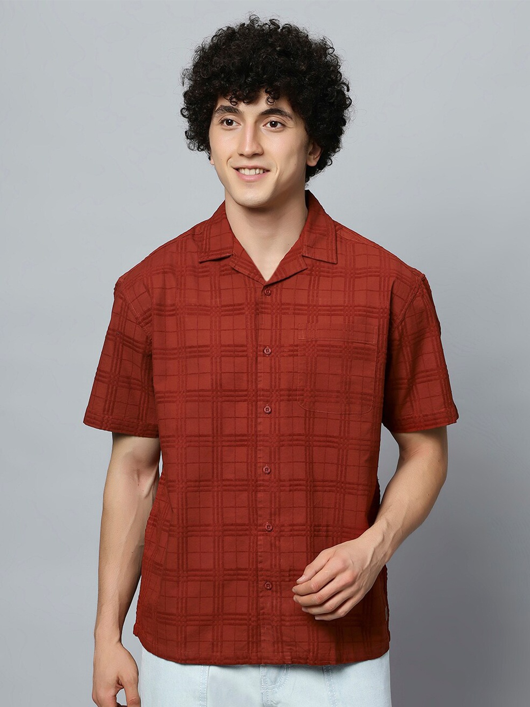 

The Roadster Lifestyle Co. Rust Coloured Tartan Checked Cuban Collar Pure Cotton Shirt