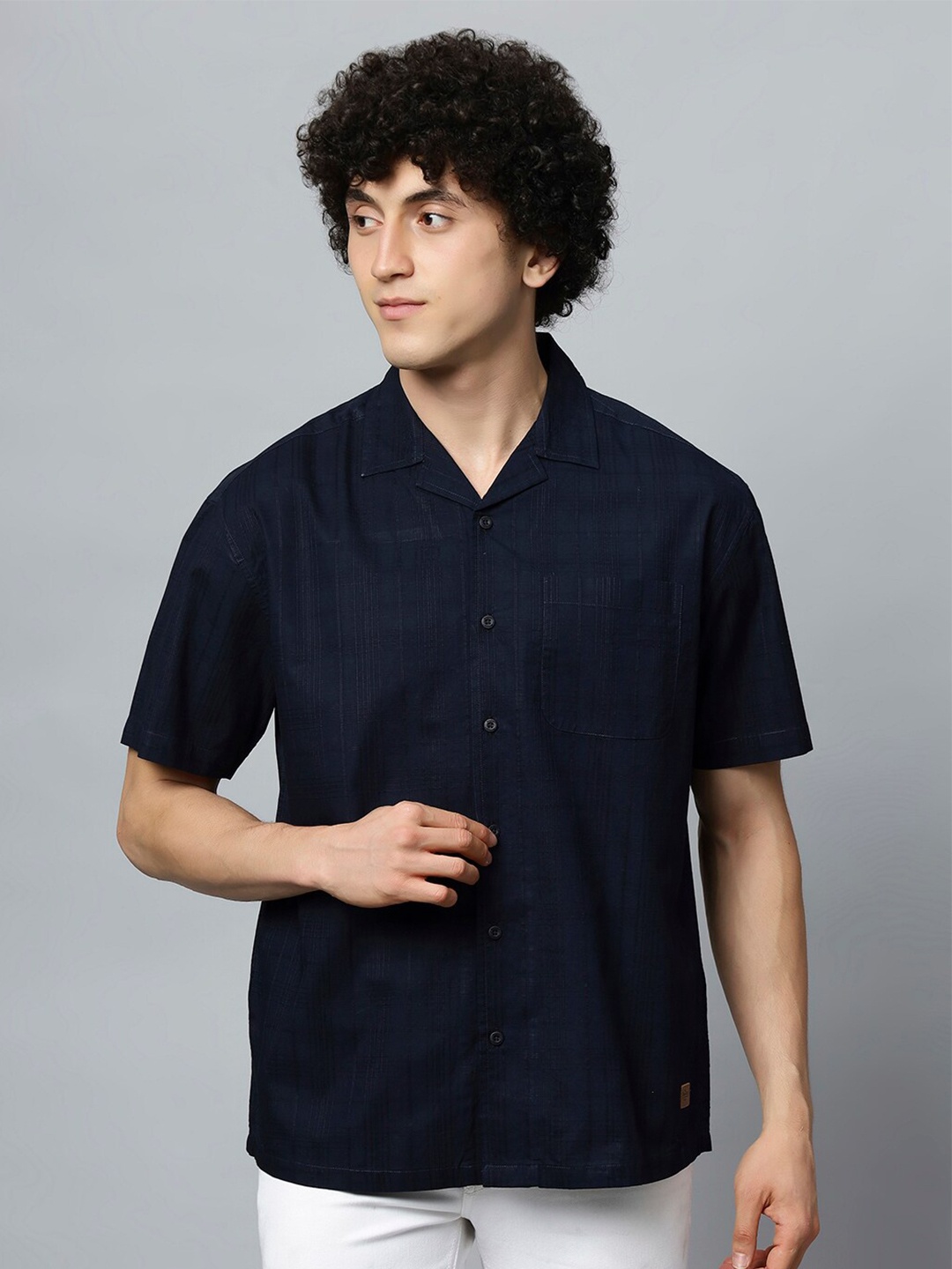 

The Roadster Lifestyle Co. Navy Blue Relaxed Tartan Checked Cuban Collar Pure Cotton Shirt