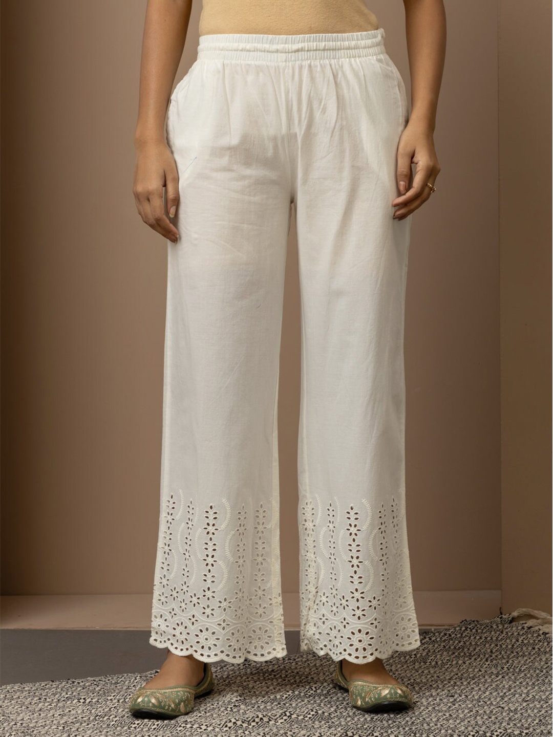 

Lakshita Schiffli Hem Cotton Ethnic Palazzos, Off white