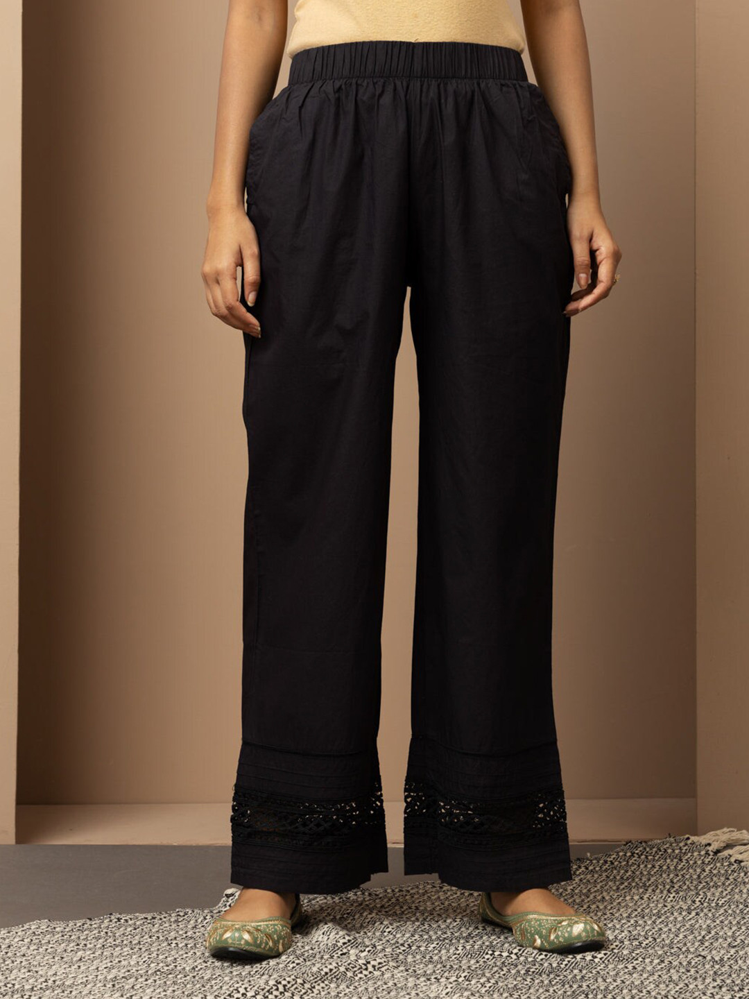 

Lakshita Geometric Hem Design Pure Cotton Straight Fit Ethnic Palazzos, Black