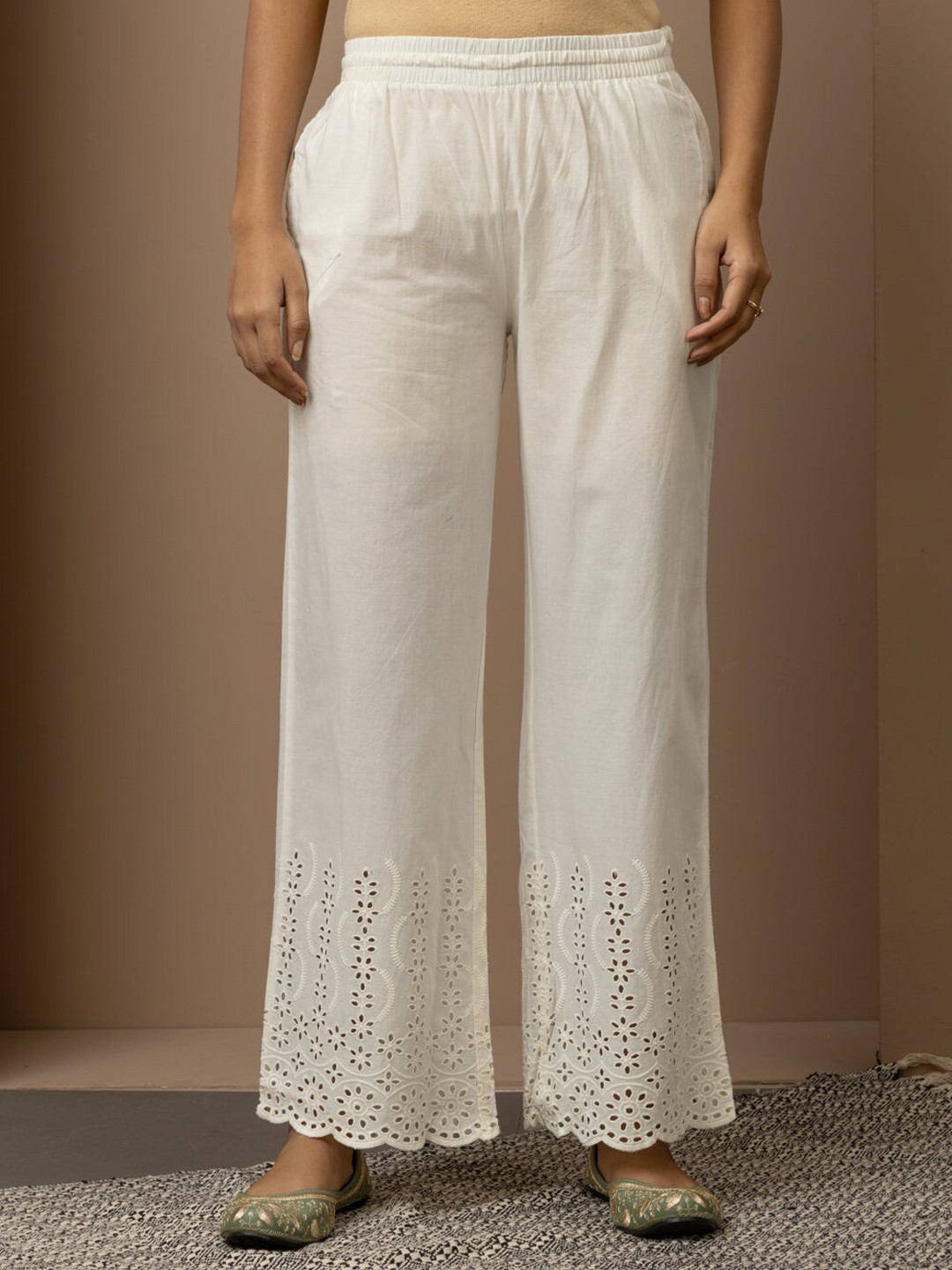 

Lakshita Floral Hem Design Pure Cotton Wide Leg Ethnic Palazzos, Off white