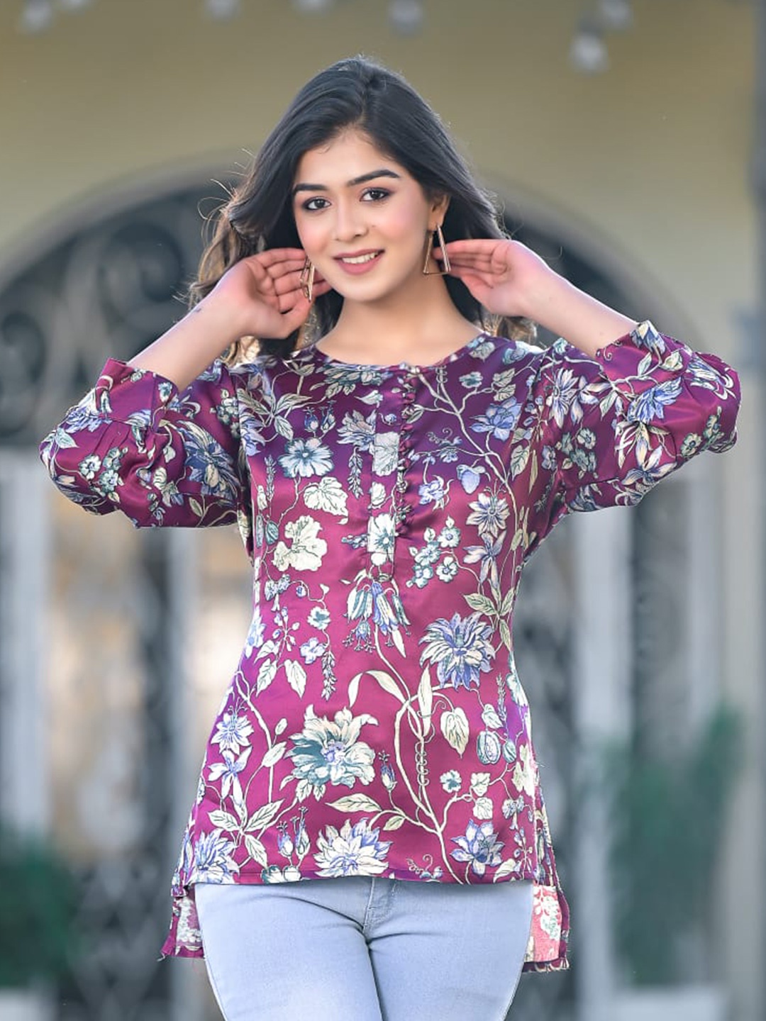 

Advya Floral Printed Silk Tunic, Maroon
