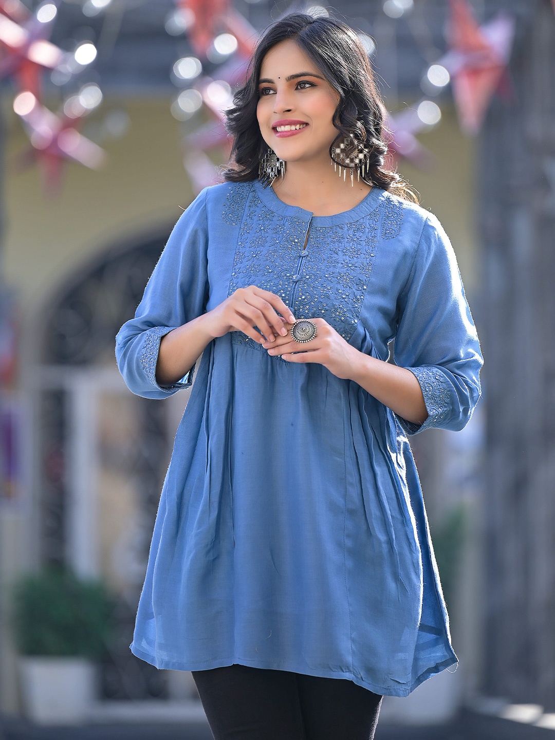 

Advya Floral Yoke Embroidered Embellished Mandarin Collar Cotton Tunic, Blue