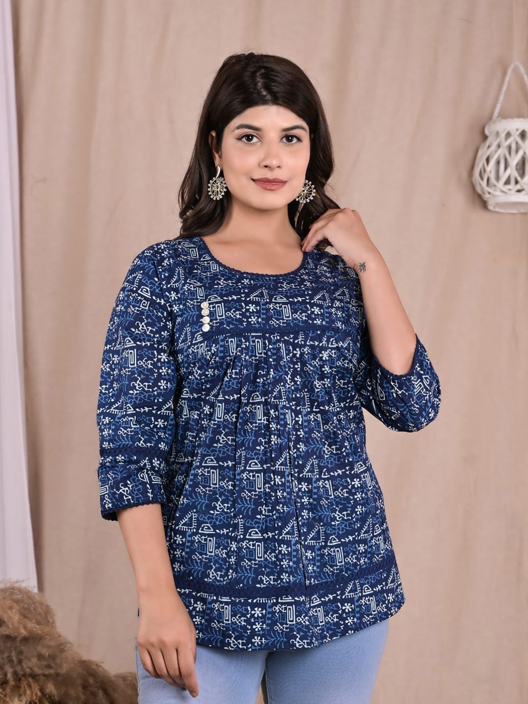 

Advya Blue Scoop Neck Ethnic Printed Cotton Tunic