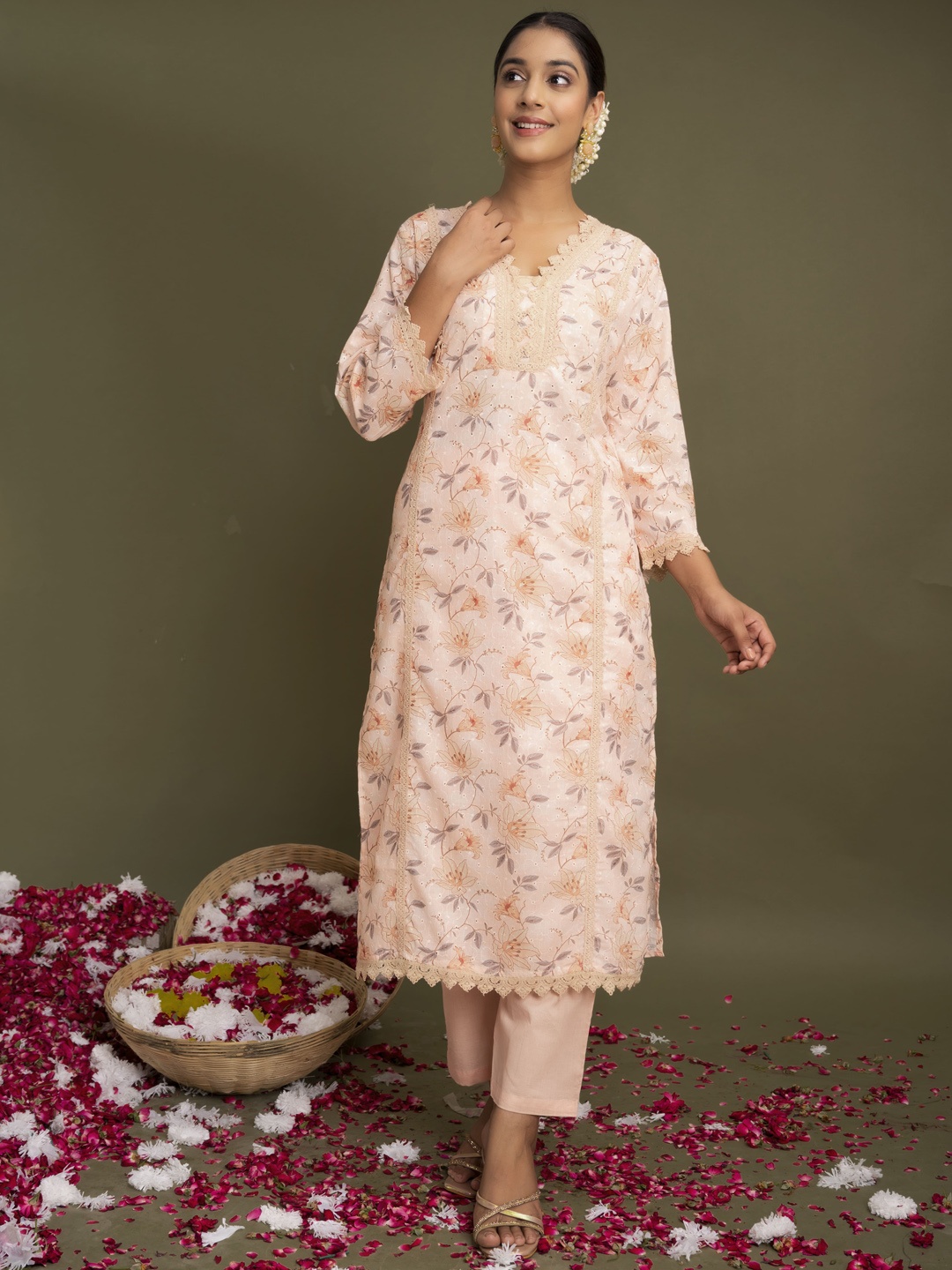 

Advya Floral Printed V-Neck Pure Cotton Schiffli Straight Kurta with Trouser, Beige