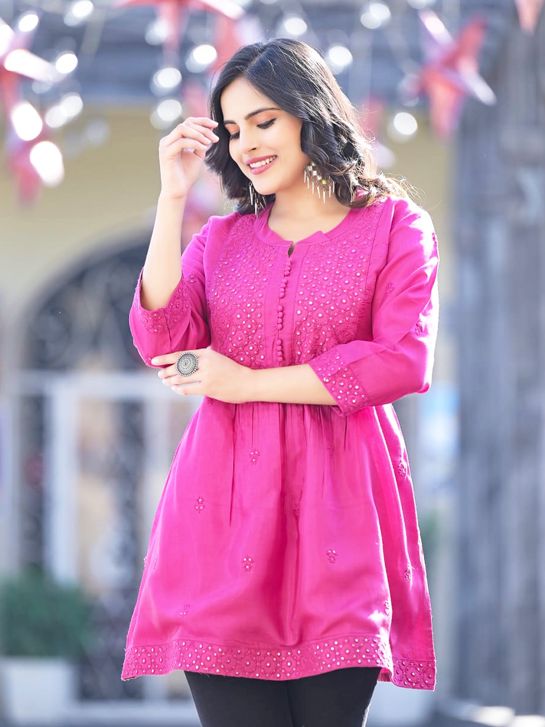 

Advya Geometric Embroidered Mirror Work Cotton A-Line Kurti, Pink