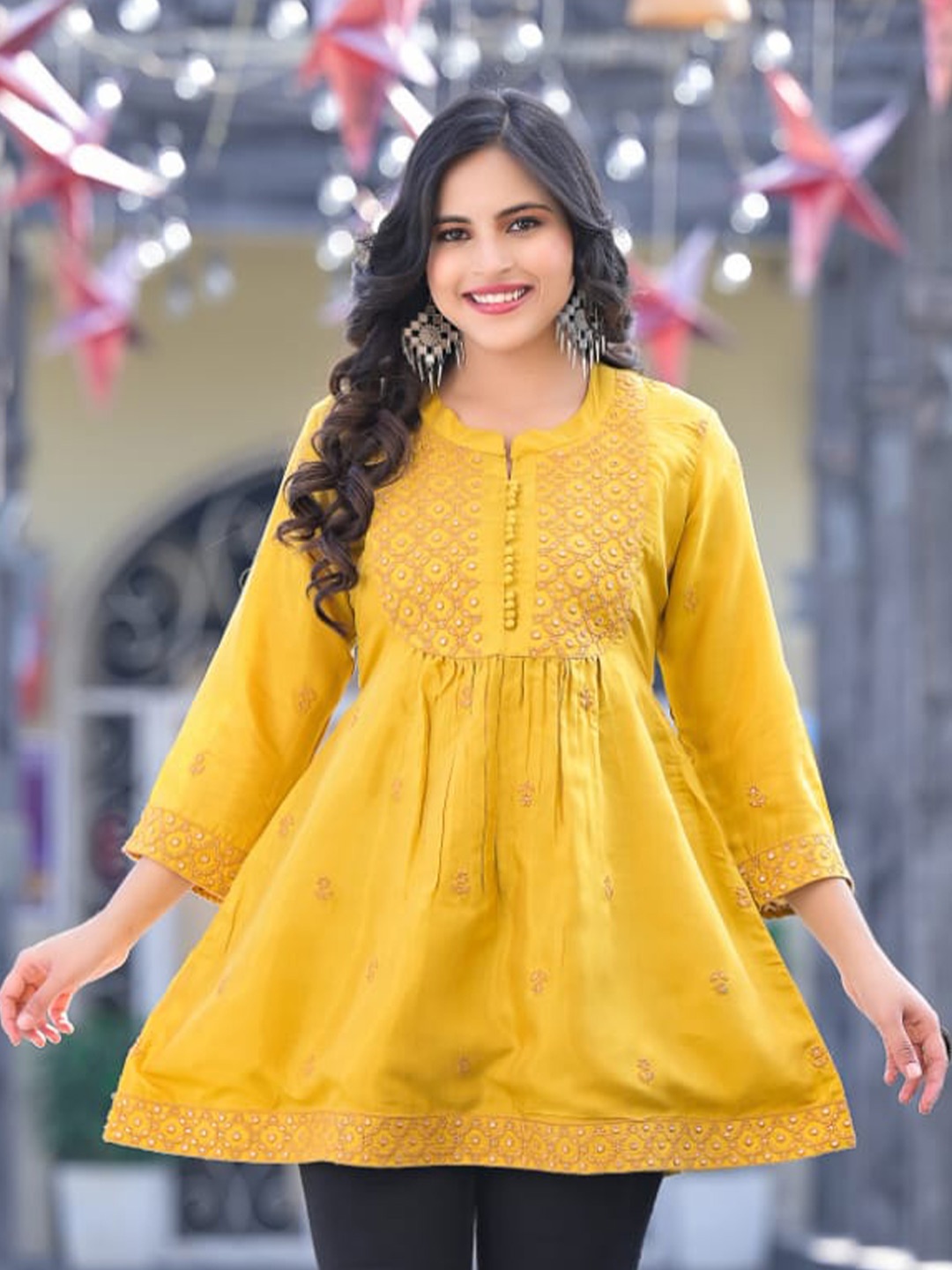 

Advya Geometric Embroidered Mirror Work Cotton A-Line Kurti, Yellow