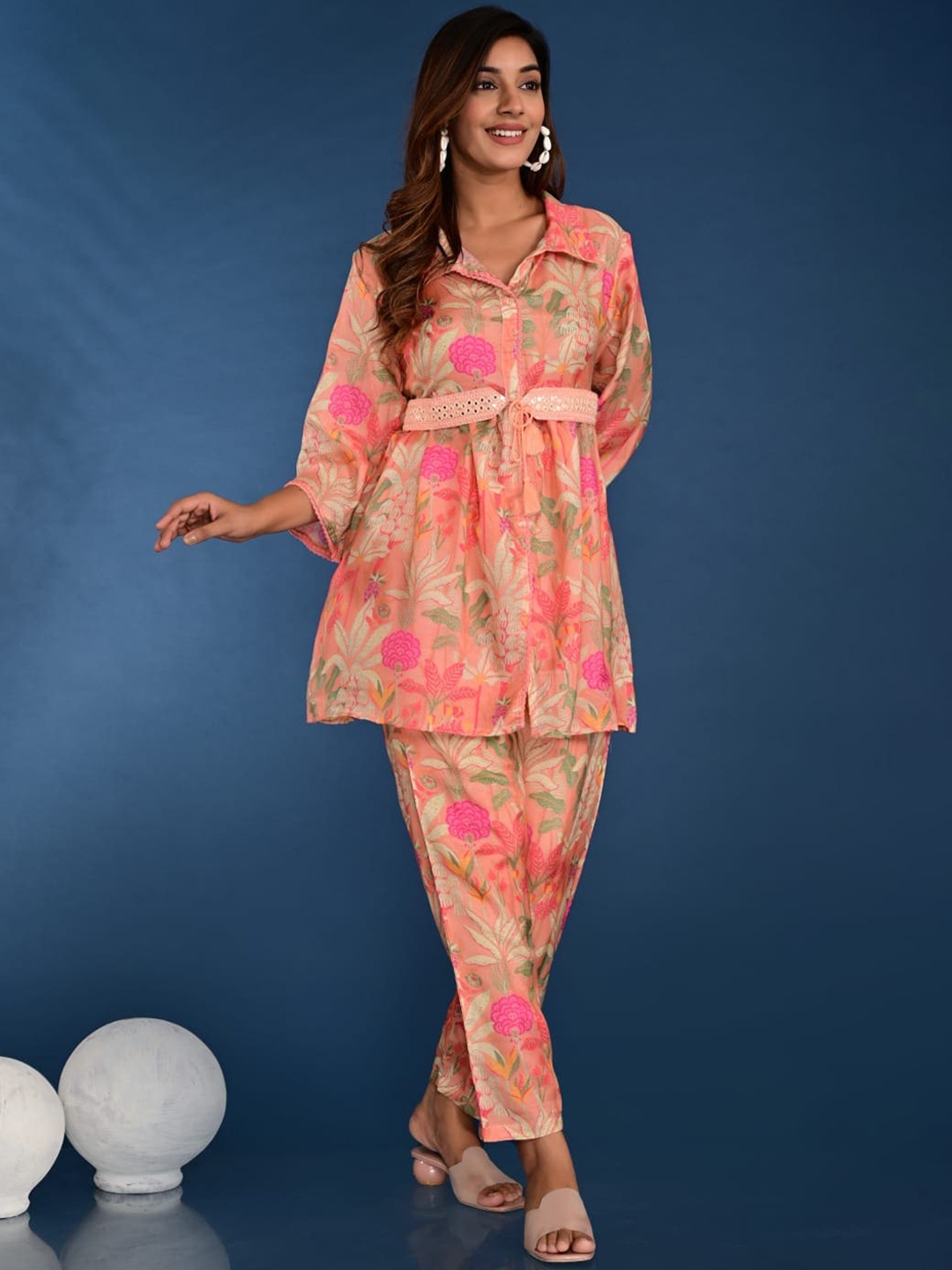 

Advya Floral Printed Shirt Collar Pastels Tunic With Trousers With Belt, Peach