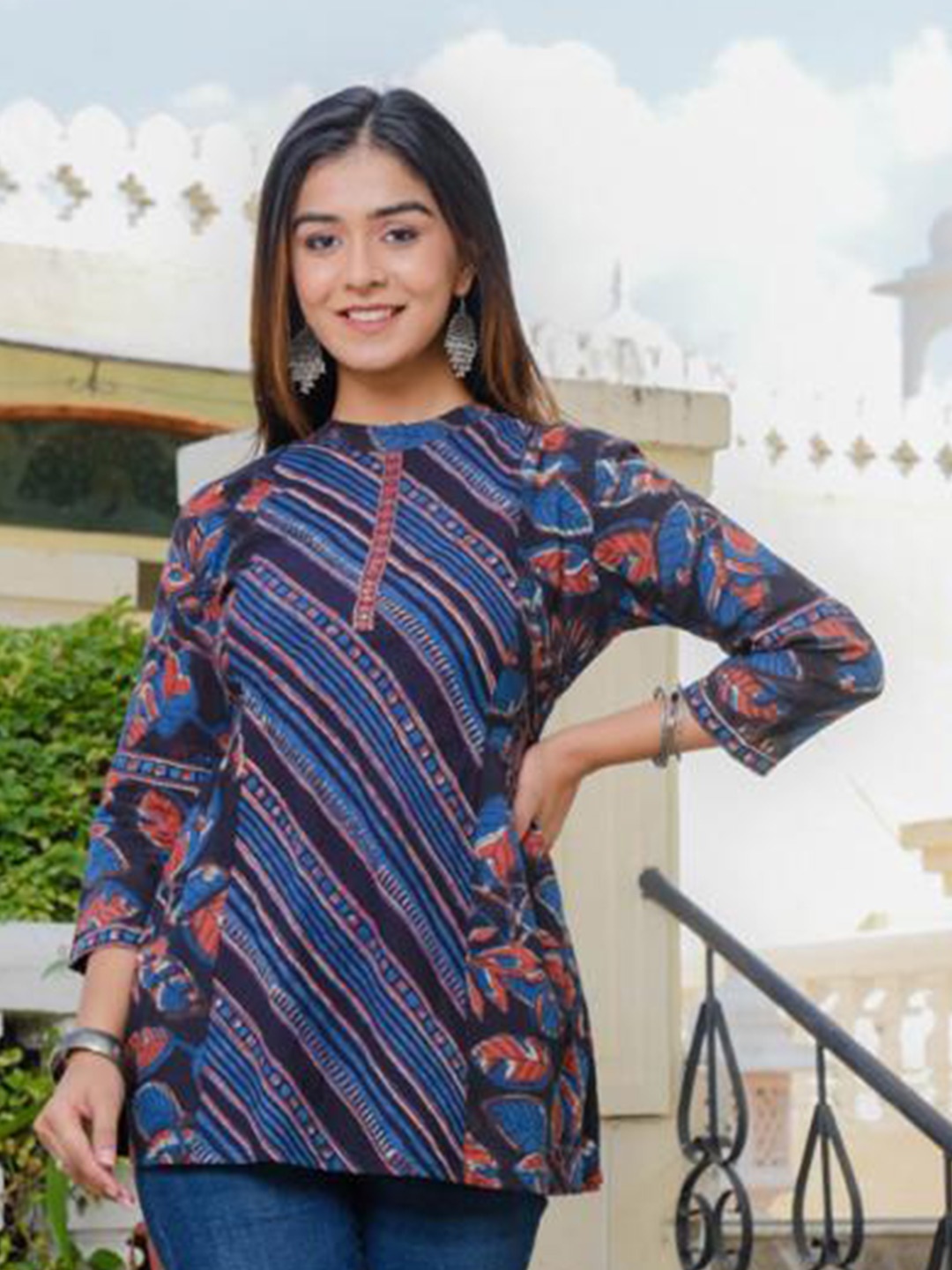 

Advya Striped Floral Printed High Neck Cotton Tunic, Blue