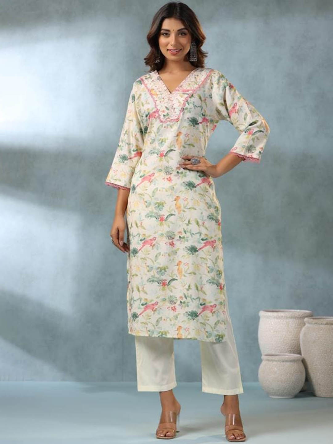 

Advya Floral Printed V-Neck Regular Linen Kurta With Trousers, White