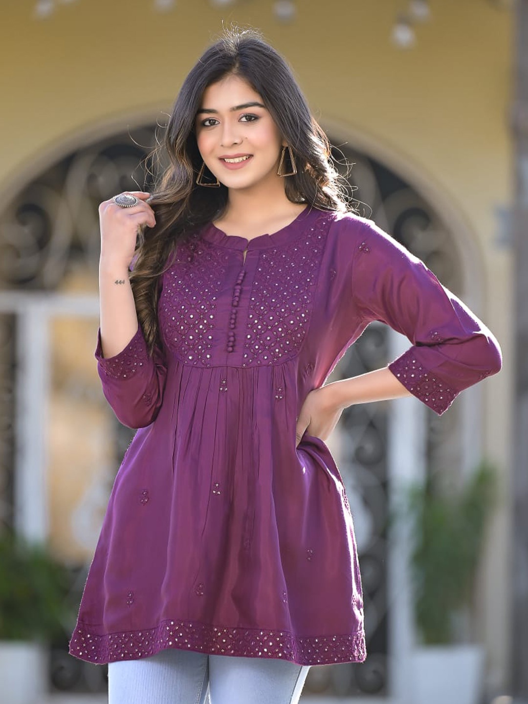 

Advya Ethnic Motifs Embroidered Mirror Work Pure Cotton Kurti, Purple