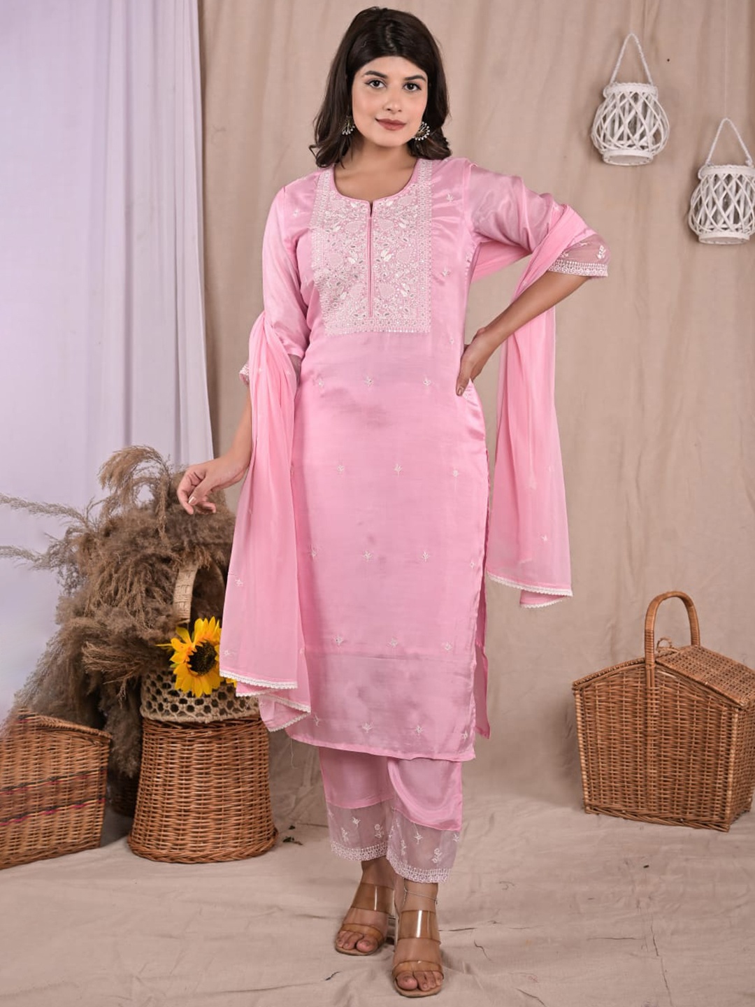 

Advya Floral Embroidered Sequinned Kurta With Trousers & Dupatta, Pink