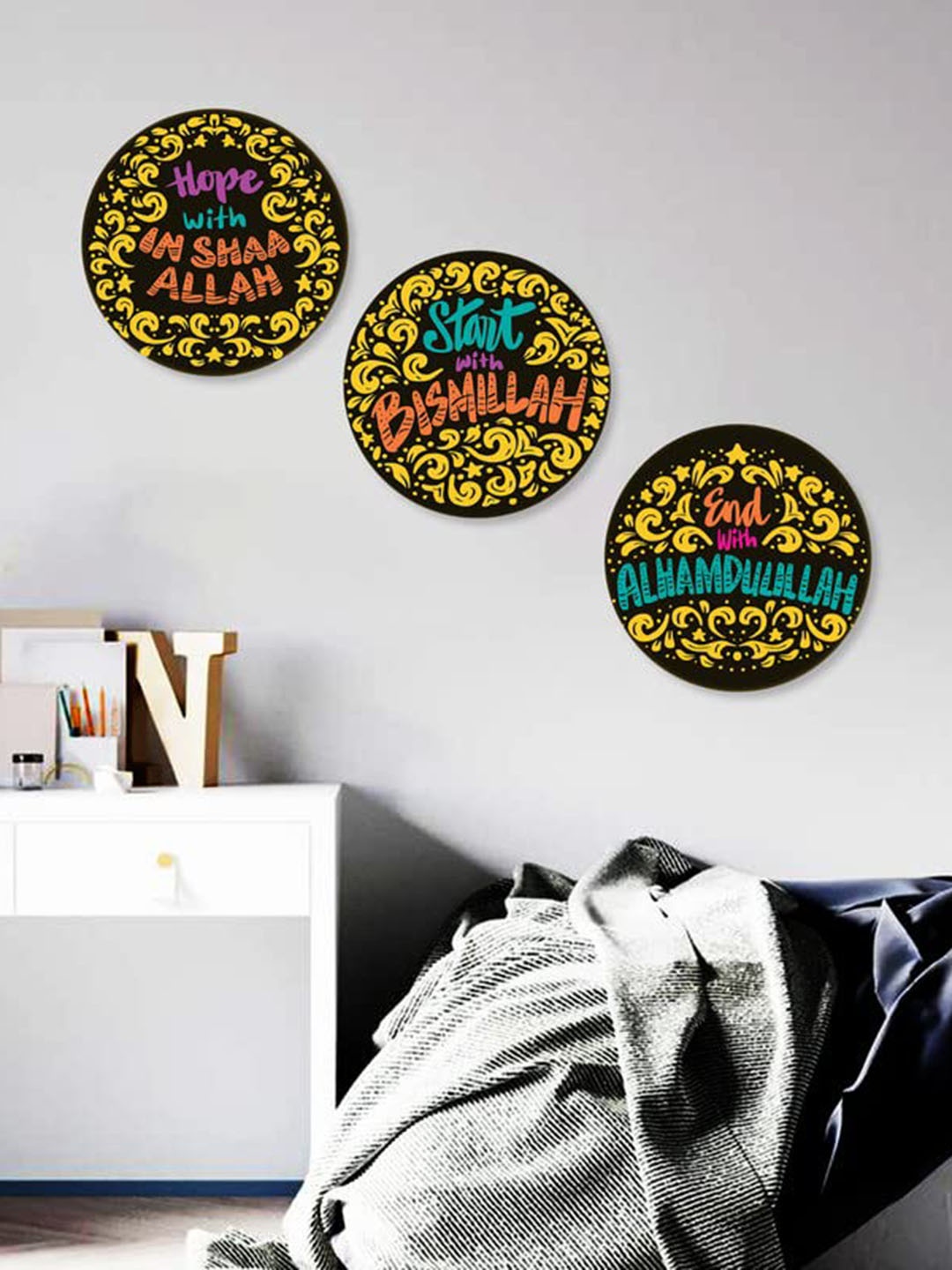 

Kastner Black & Yellow 3 Pieces Spiritual Typography Printed Round Wall Decor